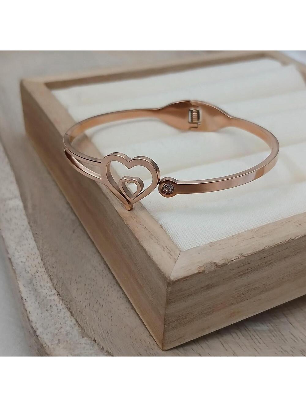 Rose Gold Heart Bangle | Sparkling Dainty Bracelet